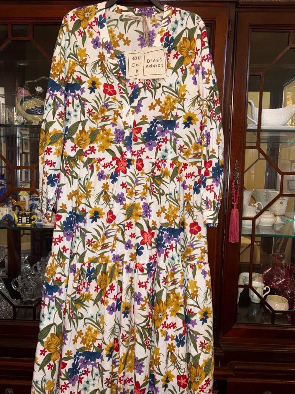 Dress Addict Floral Tiered Midi Dress in White with Multicolor Blooms